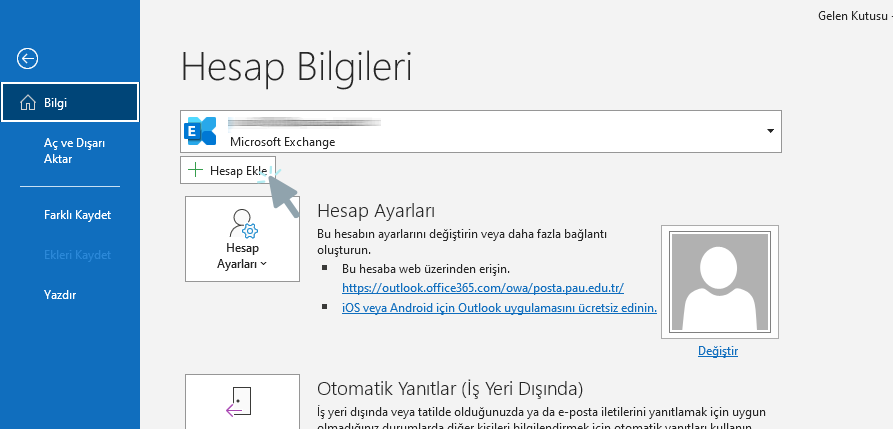 Yandex mail Outlook kurulumu: Dosya sekmesinde Hesap Ekle
