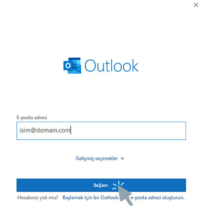 Yandex mail Outlook kurulumu: e-posta adresini yazıp Bağlan