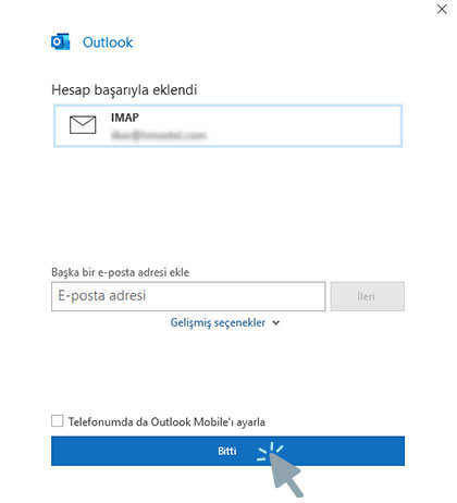 Yandex mail Outlook kurulumu: hesap başarıyla eklendi