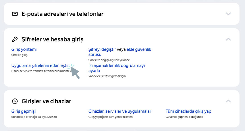 Yandex mail Outlook kurulumu: Şifreler ve Hesaba Giriş sekmesi, uygulama şifrelerini etkinleştir linki