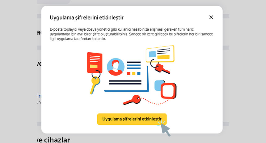 Yandex mail Outlook kurulumu: Uygulama şifrelerini etkinleştir onay penceresi