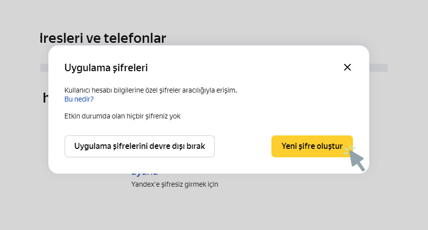 Yandex mail Outlook kurulumu: Uygulama Şifreleri ekranında Yeni Şifre Oluştur butonu