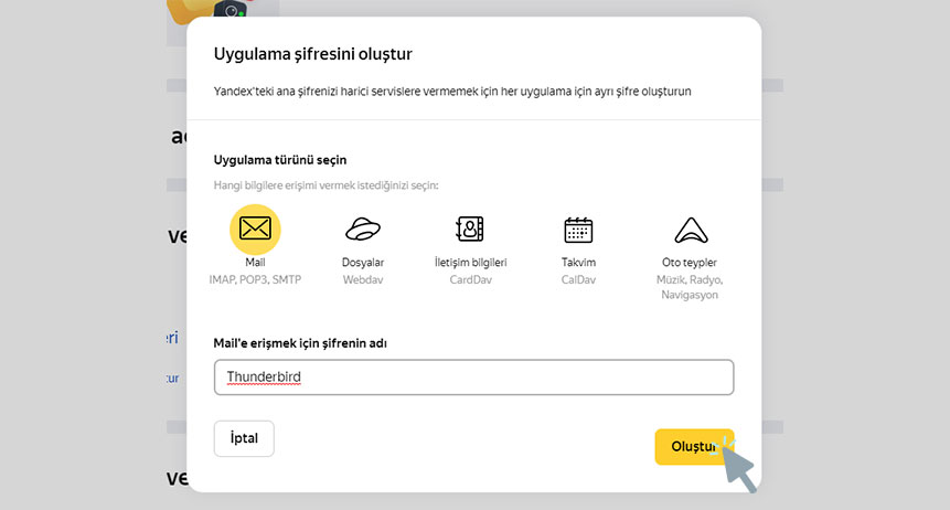 Yandex mail Outlook kurulumu: Uygulama türü olarak Mail seçimi ve şifre adı girme