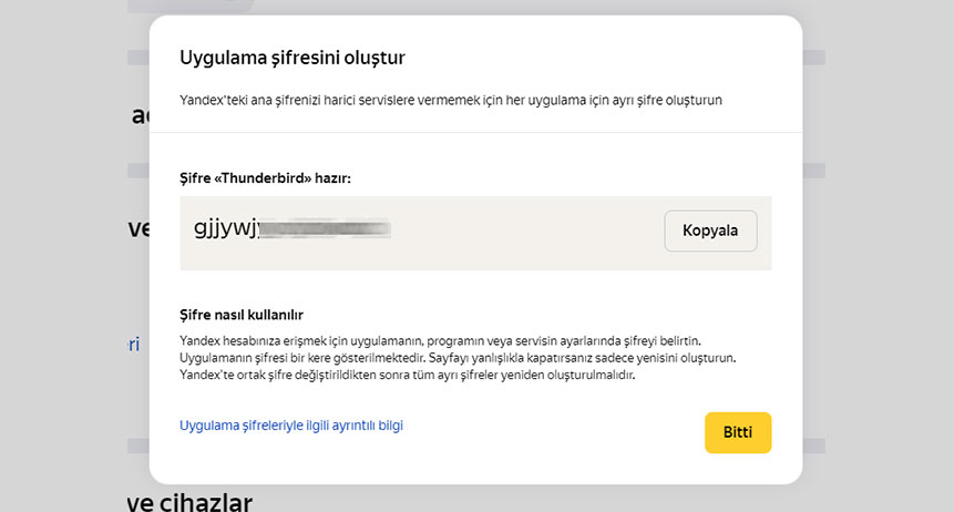 Yandex mail Outlook kurulumu: Oluşturulan Yandex uygulama şifresi